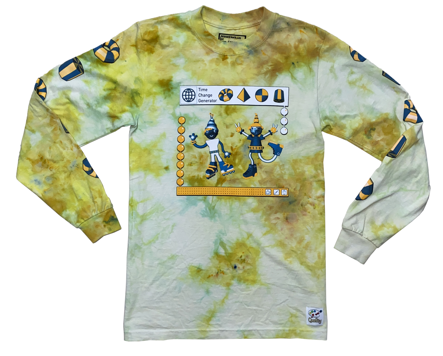 Long-sleeve green and yellow tie-dye Tee with 3D graphics on the chest and sleeves